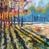 trees with mottled sunlight through them with shadows on the grass on the edge of a forest Lillian Gray oil painting