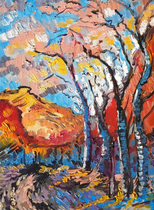 trees standing before a red mountain Lillian Gray oil painting