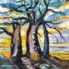 Three silhouettes of baobab trees on a hill oil painting by Lillian Gray