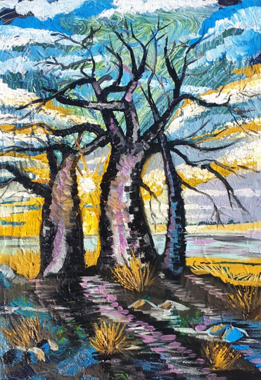 Three silhouettes of baobab trees on a hill oil painting by Lillian Gray
