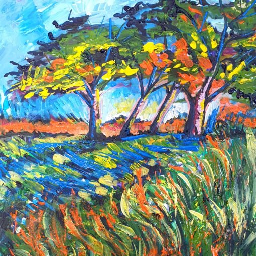 Orange trees casting blue sadows landscape painting by artist Lillian Gray
